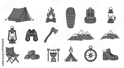 Camping gear and outdoor equipment icons.