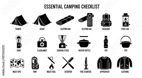 Essential Camping Checklist Icons Set for Outdoor Adventure Gear.