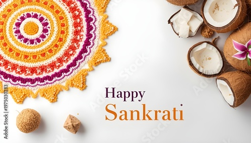 Happy Sankrati greeting background with vibrant orange and purple mandala pattern coconut pieces and traditional sweets on white