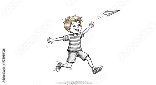 Happy boy running and throwing paper airplane