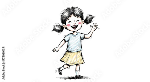 Happy little girl with pigtails waving hello, hand-drawn sketch style