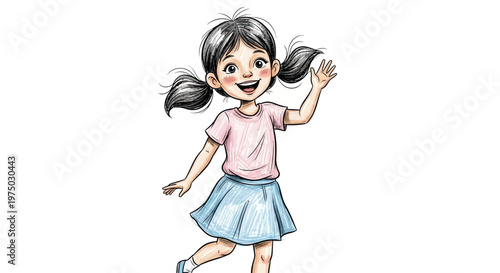Happy little girl with pigtails waving hello, isolated on white background