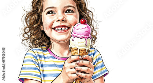 Happy girl with ice cream cone, summer treat, childhood joy, messy eating, cherry on top.