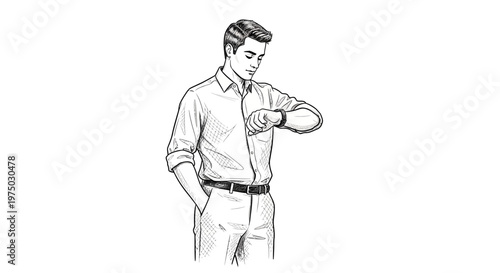 Man checking watch, business casual, waiting, looking at time
