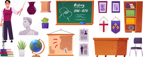 History classroom interior vector set, teacher, chalkboard, globe, historic map and flags, antique vase and sculpture