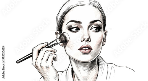 Woman applying makeup with brush, close-up portrait, sketch style