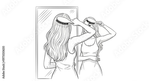 Woman brushing long hair in front of a mirror, black and white sketch