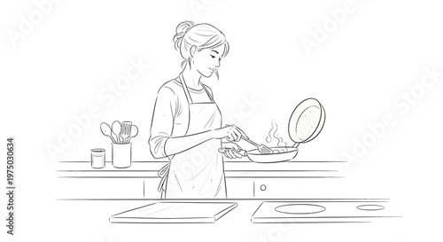 Woman cooking in kitchen, preparing food on stove, healthy lifestyle, home cooking