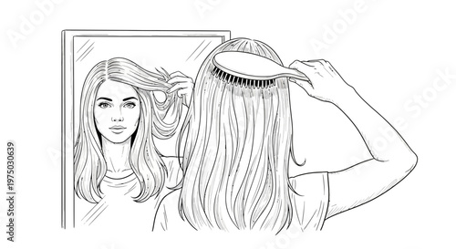 Woman brushing long hair in front of mirror, black and white sketch