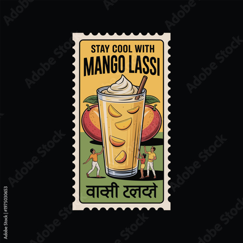 Vintage style mango lassi advertisement stamp a refreshing summer drink promotion
