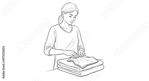 Woman folding laundry, domestic chore, household task, clean clothes, home organization