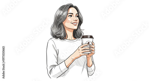 Woman holding coffee cup, smiling, looking away