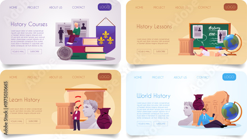 A set of website banners for online history courses, featuring characters, a chalkboard, and books.