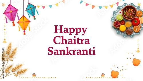 Happy Chaitra Sankranti greeting background with colorful hanging kites traditional food platter and wheat on white