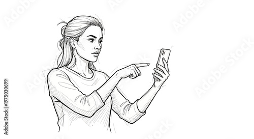Woman pointing at smartphone screen, sketch style
