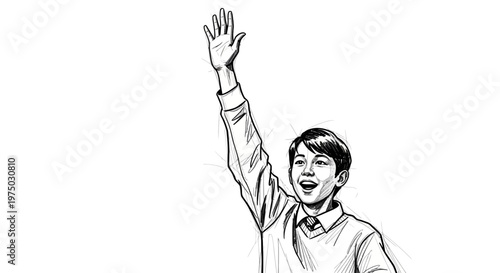 Young boy raising hand, eager to answer question in classroom or presentation