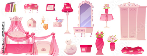 Princess room stuff vector set, medieval castle bedroom interior, furniture, mirror, vase with flower, fluffy white cat