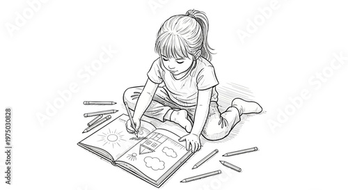 Young girl drawing in a sketchbook with crayons scattered around her
