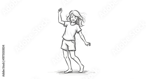 Young girl happily dancing barefoot in casual clothes, black and white sketch