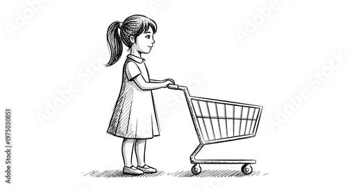 Young girl pushing shopping cart, black and white sketch