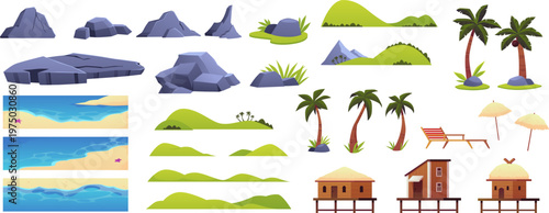 Tropical island beach elements vector set, palm trees, sandy shore, rocky mountains, sea water, bungalow game collection