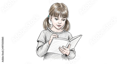 Young girl with pigtails reading a book with a curious expression