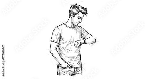 Young man checking his watch, casual style, sketch illustration