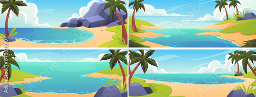 Palm trees in the beach with rocks, sandy shore and blue water, tropical island in ocean, nautical lagoon vector set