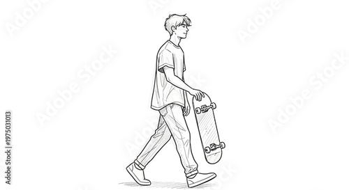 Young man walking with skateboard, hand-drawn sketch style, white background