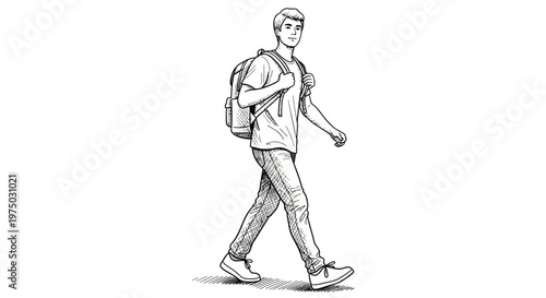 Young man with backpack walking, outdoor adventure, travel concept