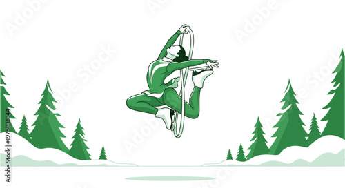 Graceful Figure Skater In Mid-Air Performing With Hoop