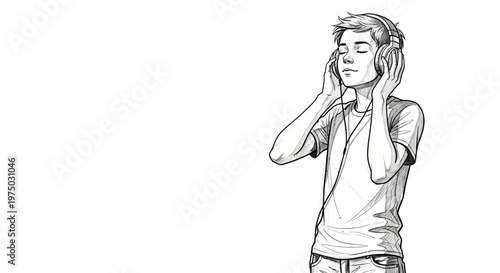 Young man with headphones listening to music with eyes closed, enjoying the sound