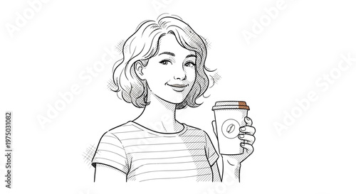 Young woman holding a coffee cup, smiling, sketch style