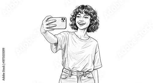 Young woman taking a selfie with a smartphone, smiling, black and white sketch