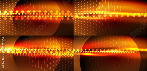 Abstract background features glowing dots, lines, curves. Warm orange, red hues dominate dark space. Modern design element.