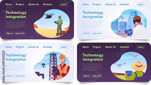 Technology integration landing page design vector set, drone operator using UAV remote control Unmanned aerial vehicle