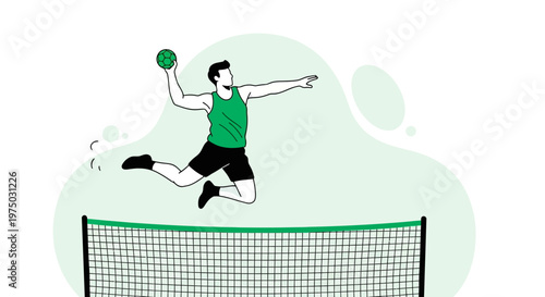 Handball Player Mid-Jump Serving The Ball Over The Net