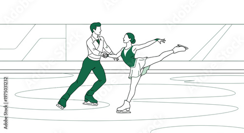 Graceful Ice Dance Duo Performing Synchronized Figure Skating Routine On The Ice