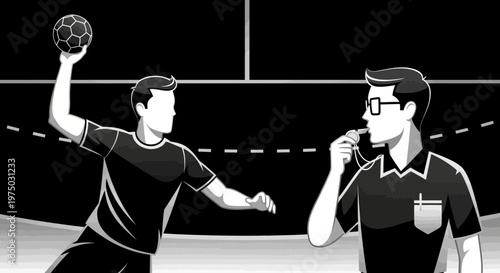 Handball Player With Ball Faces Referee Blowing Whistle On Court Action