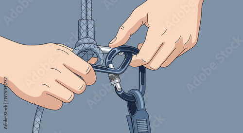 Hands Attaching Climbing Rope To Carabiner With Knot For Safety