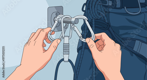 Hands Connecting Carabiners To Climbing Gear For Safety And Secure Ascent