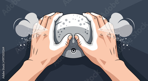 Hands Cleaning A Sphere With A Textured Surface And Dust Particles Flying Off