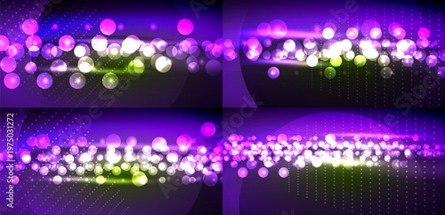 Bright bubbles, glowing particles float over purple background. Dynamic light effects create festive atmosphere. Modern design elements present.
