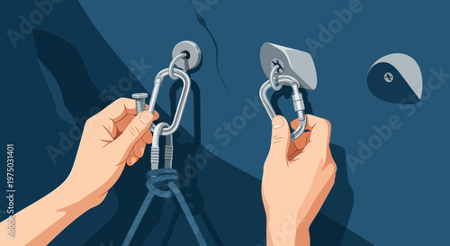 Hands Securing Climbing Gear To Textured Rock Face