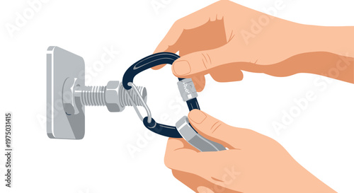 Hands Securing Carabiner To Anchor Bolt For Climbing Or Safety Applications