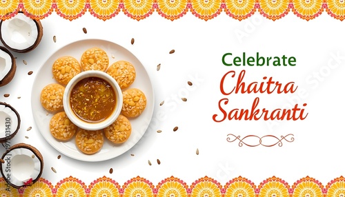 Celebrate Chaitra Sankranti festive banner with traditional sweets coconut and decorative floral border on white background