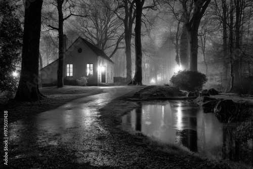 Dark Night Scene with House by Water