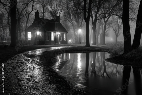 Dark Night Scene with House by Water