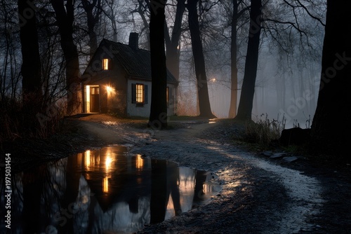 Dark Night Scene with House by Water