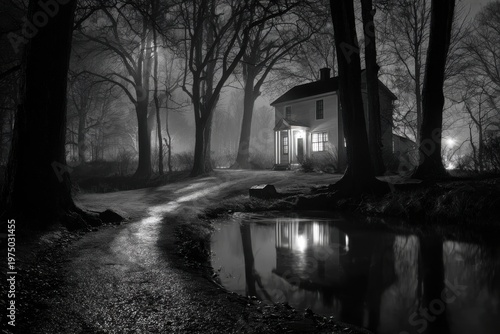 Dark Night Scene with House by Water